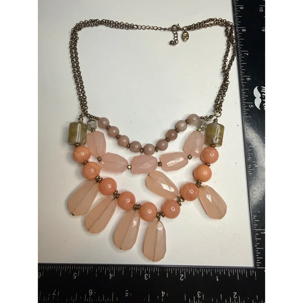 Pink Peach Multi Strand Beaded Statement Necklace Bronze Tone Chunky Bib